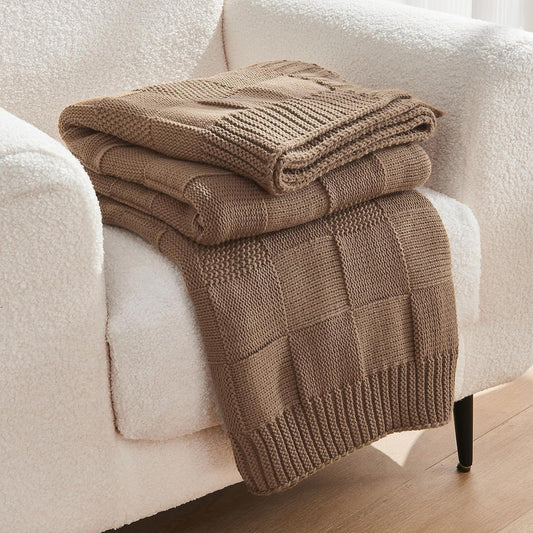 CozeCube Check Knit Throw Blanket, Light Brown Checkered Throw for Couch, Decorative Christmas Soft Cozy Warm Knitted Blanket for Bed Sofa Living Room, 60"X80"