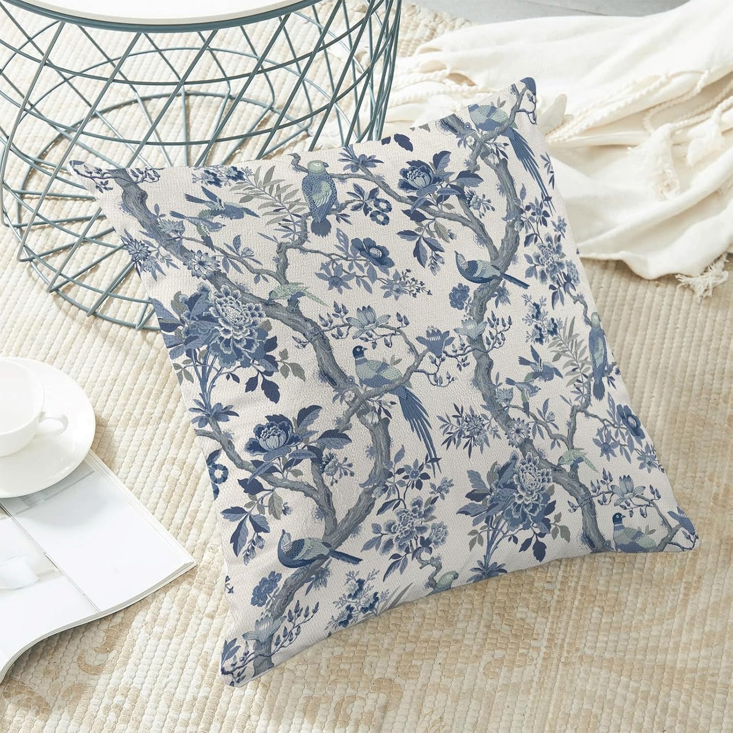 CXMEIFLY Spring Pillow Covers 18 x 18 Inch Set of 2 for Navy Blue Chinoiserie Flowers Bird Decor Throw Pillows Vintage Floral Plant Outdoor Decorative Cushion Cases for Couch Bed Decorations