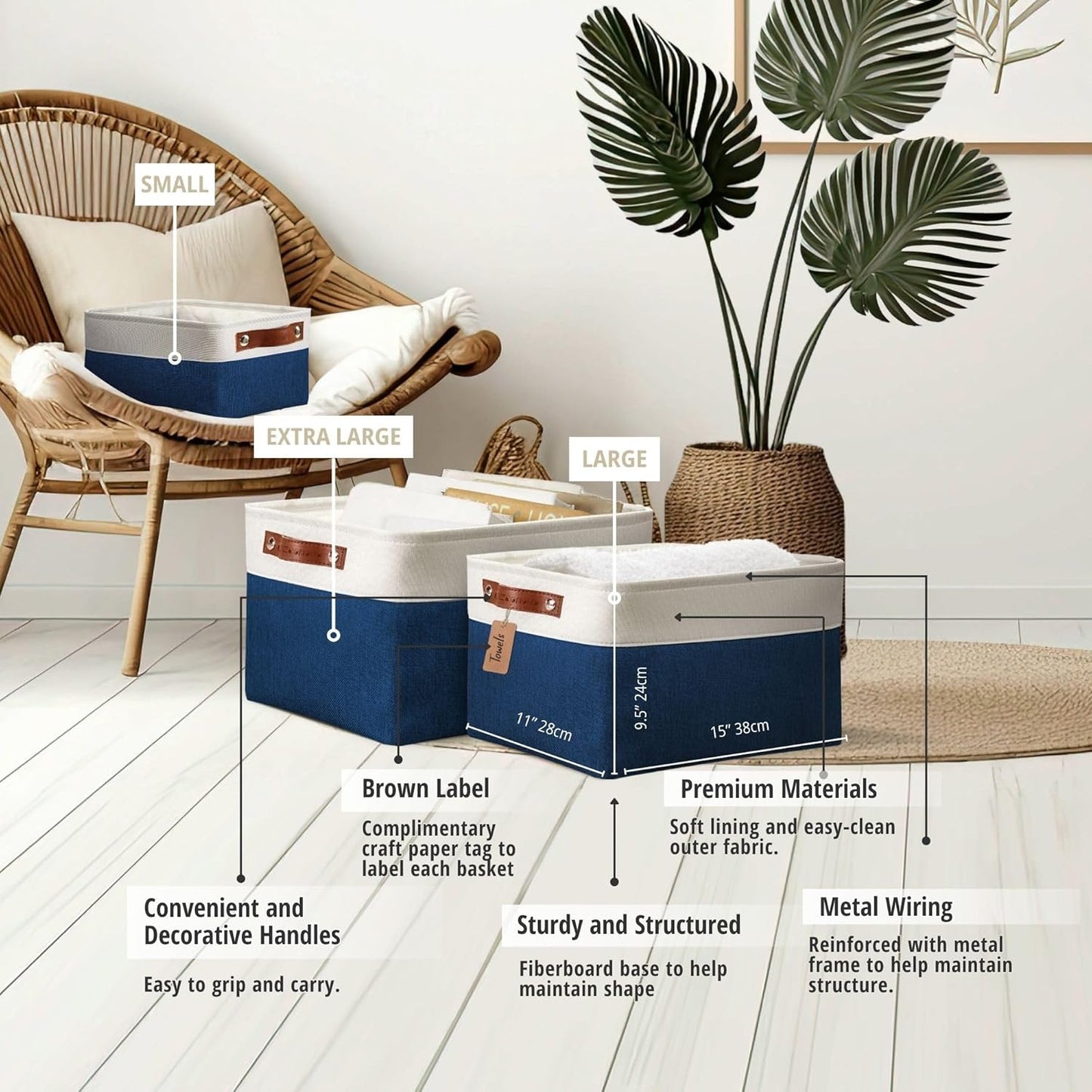 DECOMOMO Storage Bins Fabric Storage Baskets for Shelves, Linen Closet Organization Toys Nursery (Navy Blue and White, Large - 4 Pack)