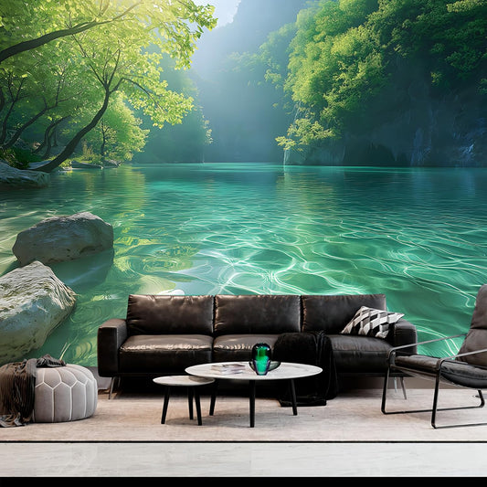 BSFHH Nature Tapestry Forest Tree Sea Cave Wall Hanging, Stream Through Rainforest Landscape Wall Art Tapestry for Bedroom Living room (Lake View, 79"×59", Unframed)