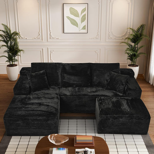 Modular Sectional Sofa Cloud Sectional Couch, 107" Comfy Fluffy U Shaped Black Couches for Living Room, Deep Seat Memory Foam Plush Corduroy Boneless Couch Sectionals with Left Facing Chaise Sofa