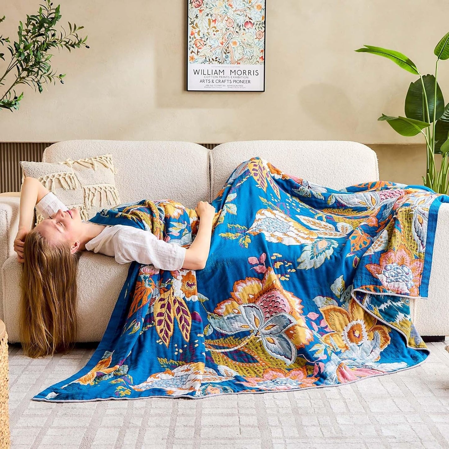 Boho Throw Blanket, Blue Lightweight Blankets for Summer, 100% Cotton Bohemian Decorative Throw Blanket, 90"x98" Reversible Muslin Breathable Woven Farmhouse Blankets Quilt,