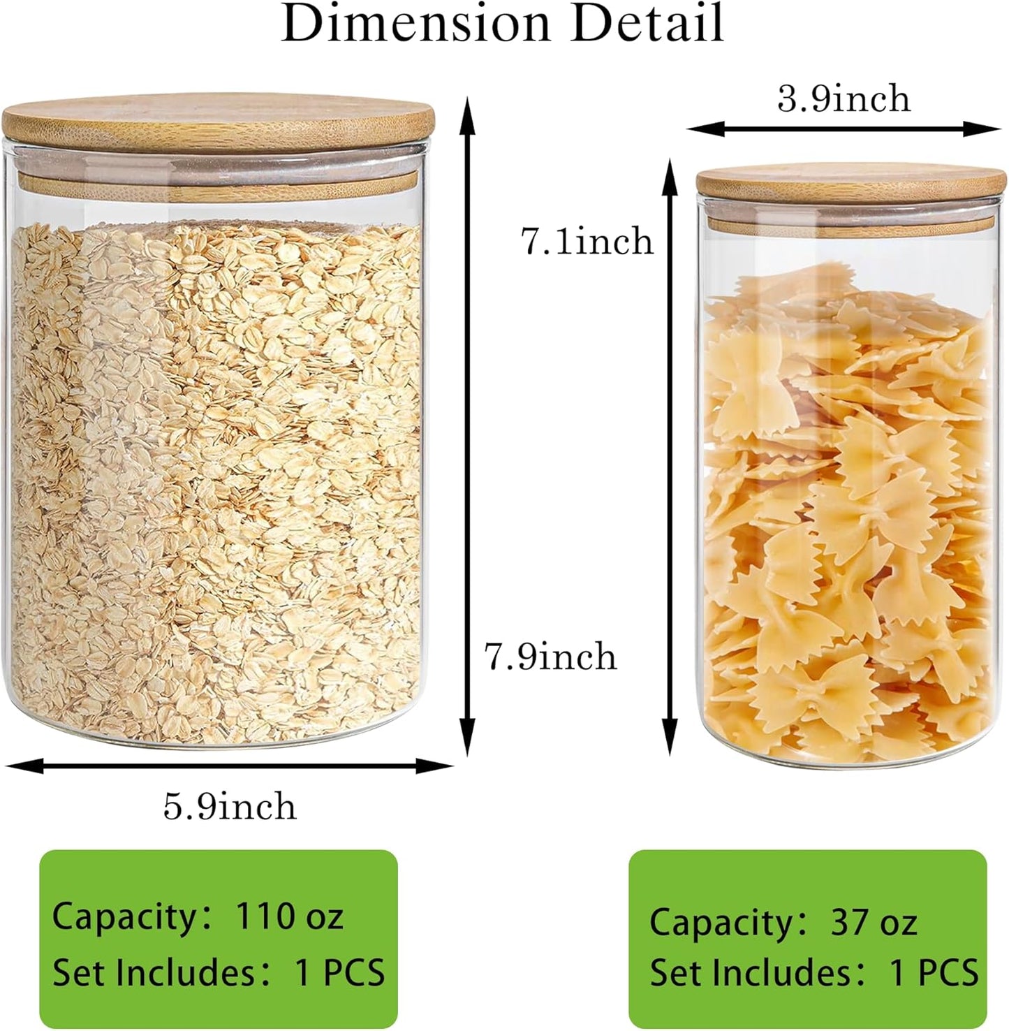 Glass Storage Jars Set Elegant Containers with Airtight Bamboo Lids, Perfect for Kitchen Organization - Flour, Rice, Pasta, Sugar, Coffee Beans, Accessories Included (2 packs(37oz / 110oz))