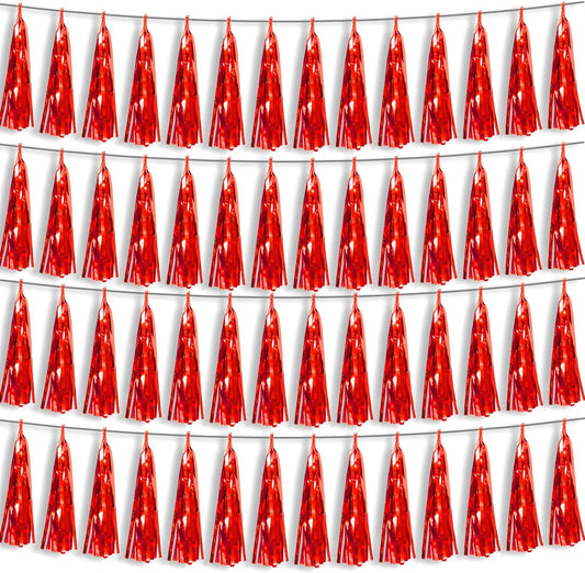 4P Red Foil Fringe Metallic Tassel Streamers Banner Tassel Garland for Parade Floats, Bachelorette, Wedding, Birthday, Halloween, Christmas, Bridal/Baby Shower Party Decorations