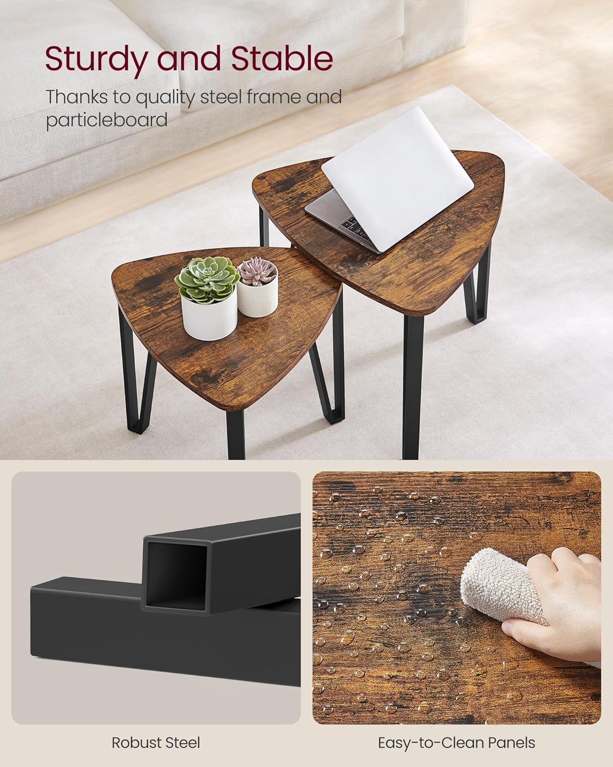 VASAGLE Nesting Coffee Tables, End Tables Set of 2 for Living Room Bedroom, Industrial Small Stacking Side Tables with Metal Frame for Couch, Rustic Brown and Black ULET013B01