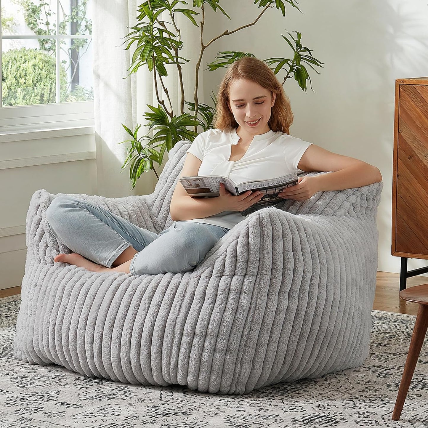Giant Bean Bag Chairs for Adults with Filling Plush Fluffy Bean Bag Chairs for Teens with Armrests Comfy BeanBag Lazy Couch Sofa Chair for Bedroom Living Room Reading