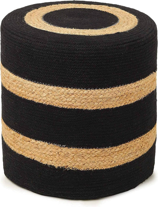 REDEARTH · Cylindrical Pouf Foot Stool Ottoman - Jute Braided Pouffe Poof Accent Sitting Footrest for The Living Room, Bedroom, Nursery, Patio, Lounge & Other Rooms (14.5”x14.5”x16”; Black Natural)