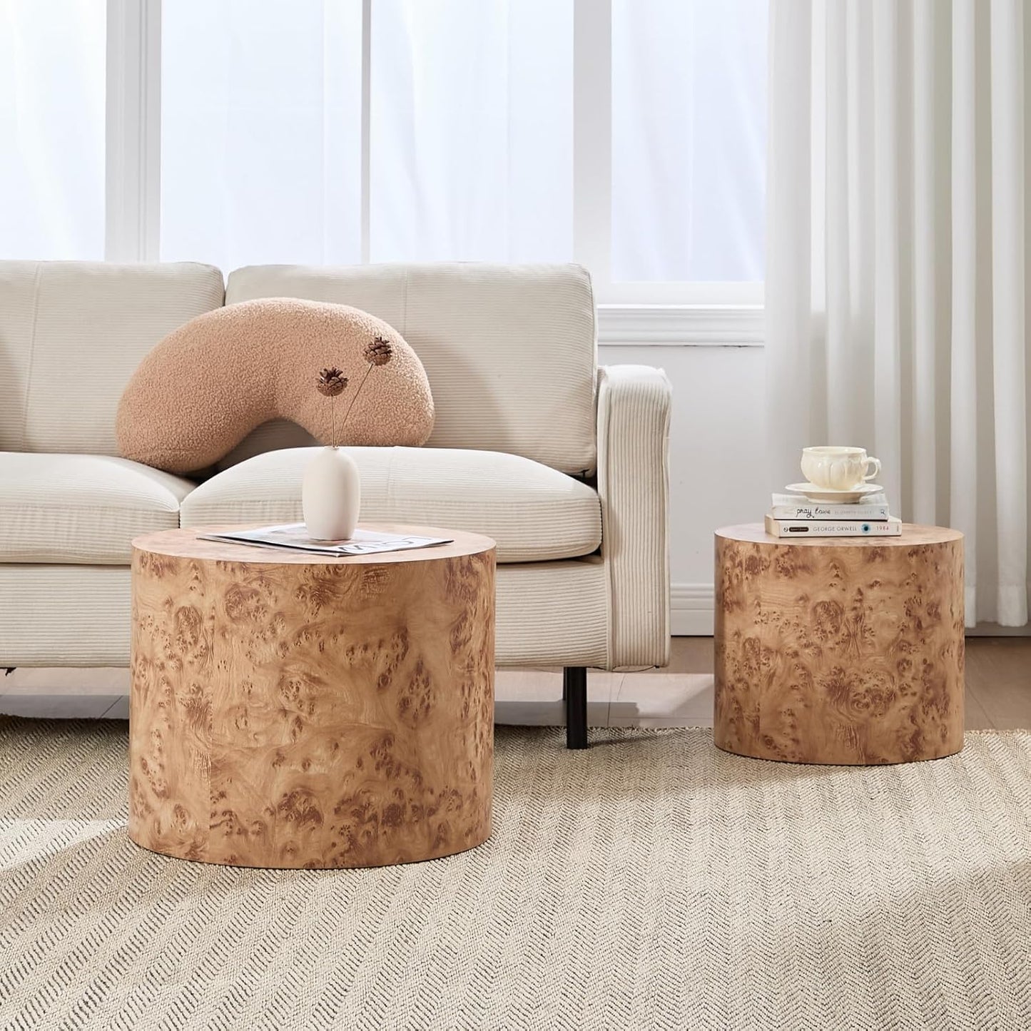Round Coffee Tables Side Table Set of 2, Wood Nesting End Table for Living Room Balcony Office, Walnut Wooden Color, Natural Burl Color, No Assembling
