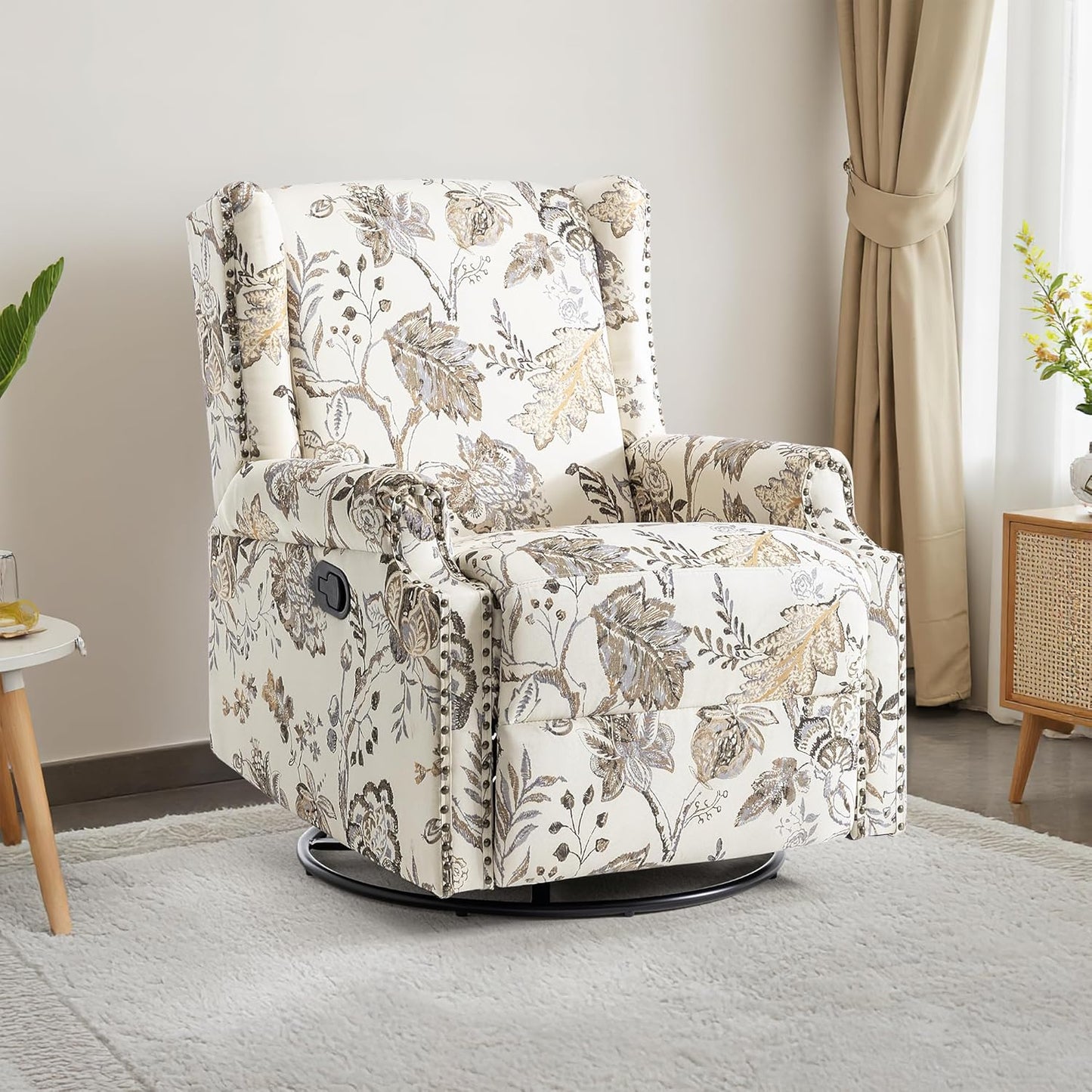 UIXE Swivel Rocker Manual Recliner Chair, Wingback Swivel Glider Fabric Nursery Reclining Sofa Chair, High Back Upholstered Arm Chair for Living Room Bedroom - Beige Plants