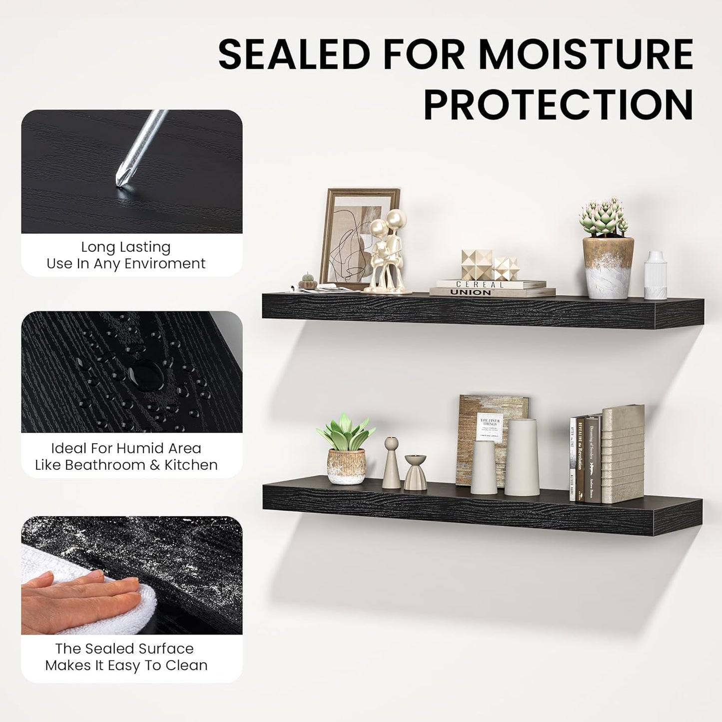 Floating Shelves for Wall, 36" W x 8" D x 1.5" H, Wooden Wall Mounted Display Shelves with Invisible Brackets for Living Room, Bedroom, Bathroom, Kitchen Decor and Storage, Set of 2, Black