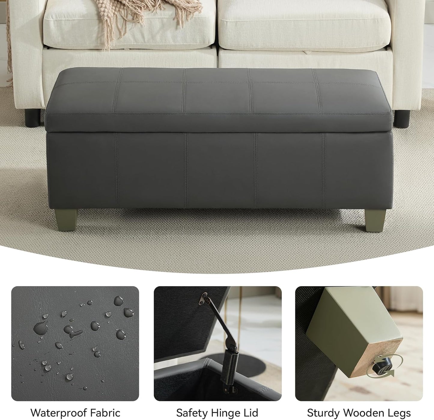 41" Faux Leather Storage Ottoman, Stitch Tufted Rectangle Upholstered End of Bed Storage Bench, Entryway Large Couch Ottoman with Wooden Legs,Dark Grey