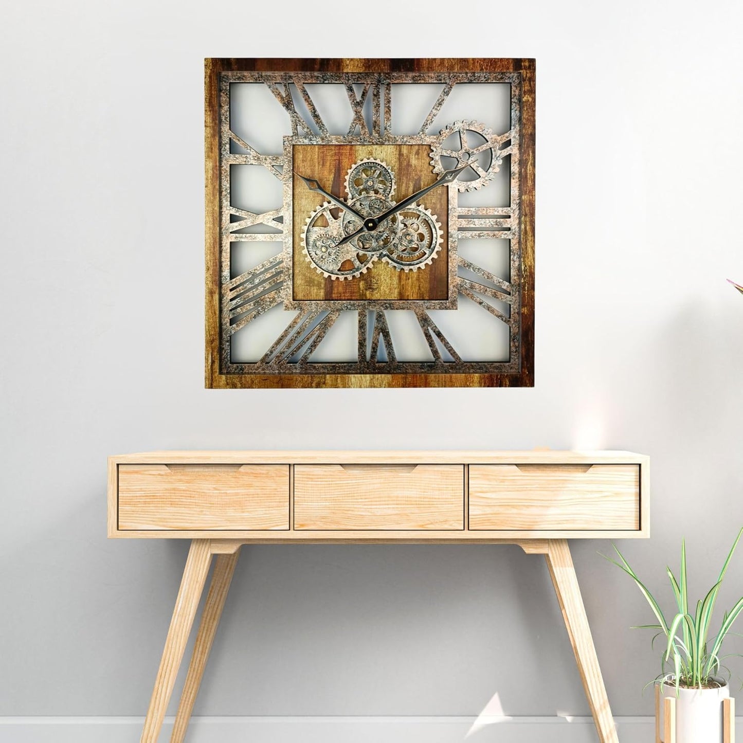 The Gears Clock 24'' Inch Square Real Moving Gear Wall Clock Vintage Industrial Oversized Rustic Farmhouse (Vintage Brown)