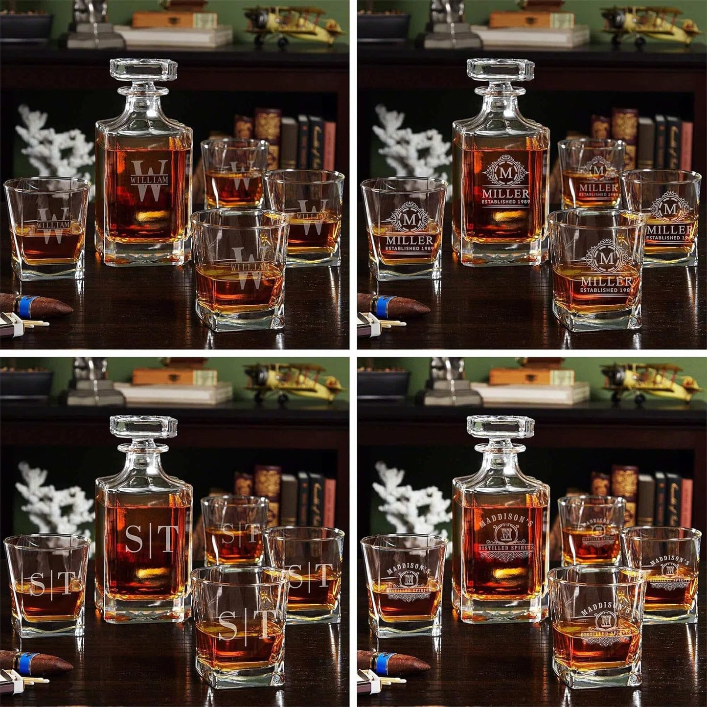 Personalized Whiskey Decanter Set with 4 Glasses and Custom Wood Box - 9 Design Options - Bourbon Glass Set