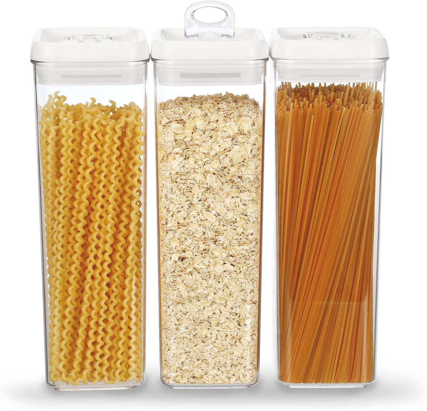 Felli Flip Tite TALL Storage Container with Lid 4" Air Tight Easy Open Ring Top, Clear Acrylic Skinny Canister Jar for Spaghetti Lasagna Fettuccine Noodle, Kitchen Cupboard Pantry Organizer (2.0 qt)