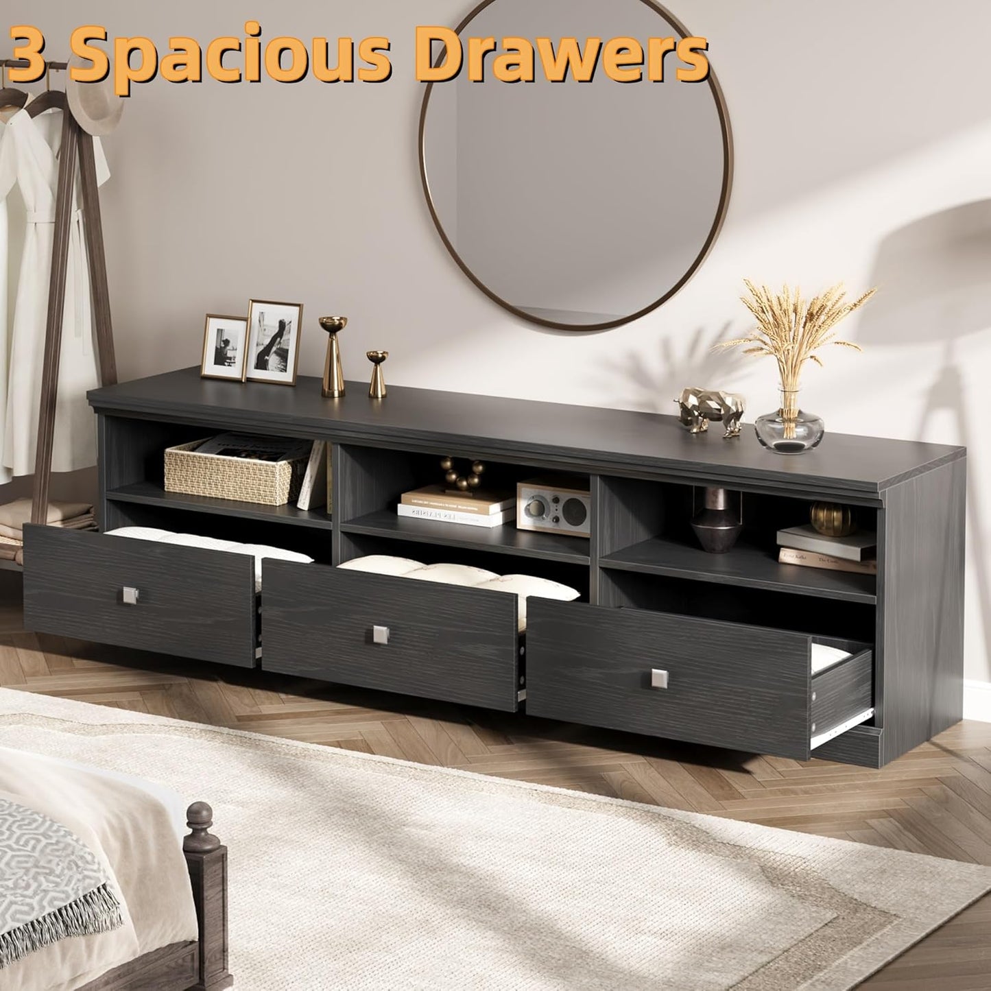 IDEALHOUSE 70in TV Stand for TVs up to 80", Mid Century Modern Entertainment Center with Storage Drawer and Open Shelves, TV Console Media Cabinet for Living Room, Bedroom, Black