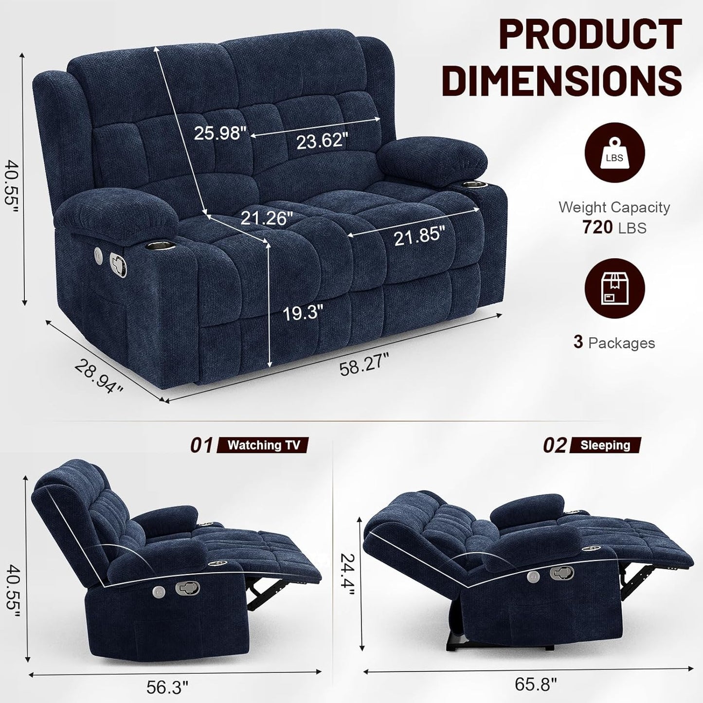 Loveseat Recliner Sofa, 2 Seater Minimalist Style Fabric Manual Pull Tab Reclining Loveseat with USB Charge Ports, Cup Holders, Recliner Love Seat Couches for Living Room, RV, Blue