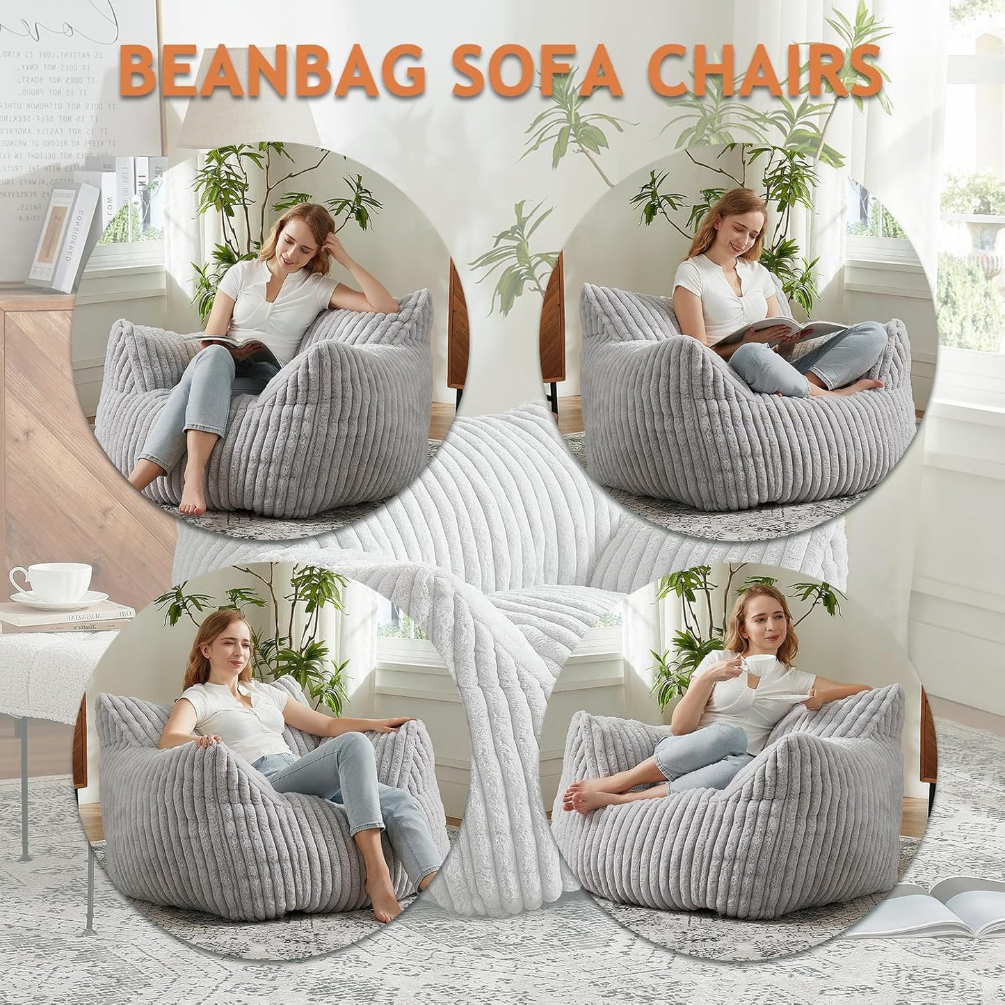 Giant Bean Bag Chairs for Adults with Filling Plush Fluffy Bean Bag Chairs for Teens with Armrests Comfy BeanBag Lazy Couch Sofa Chair for Bedroom Living Room Reading