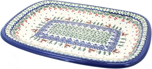 Blue Rose Polish Pottery Reindeer Delight Medium Rectangular Serving Platter