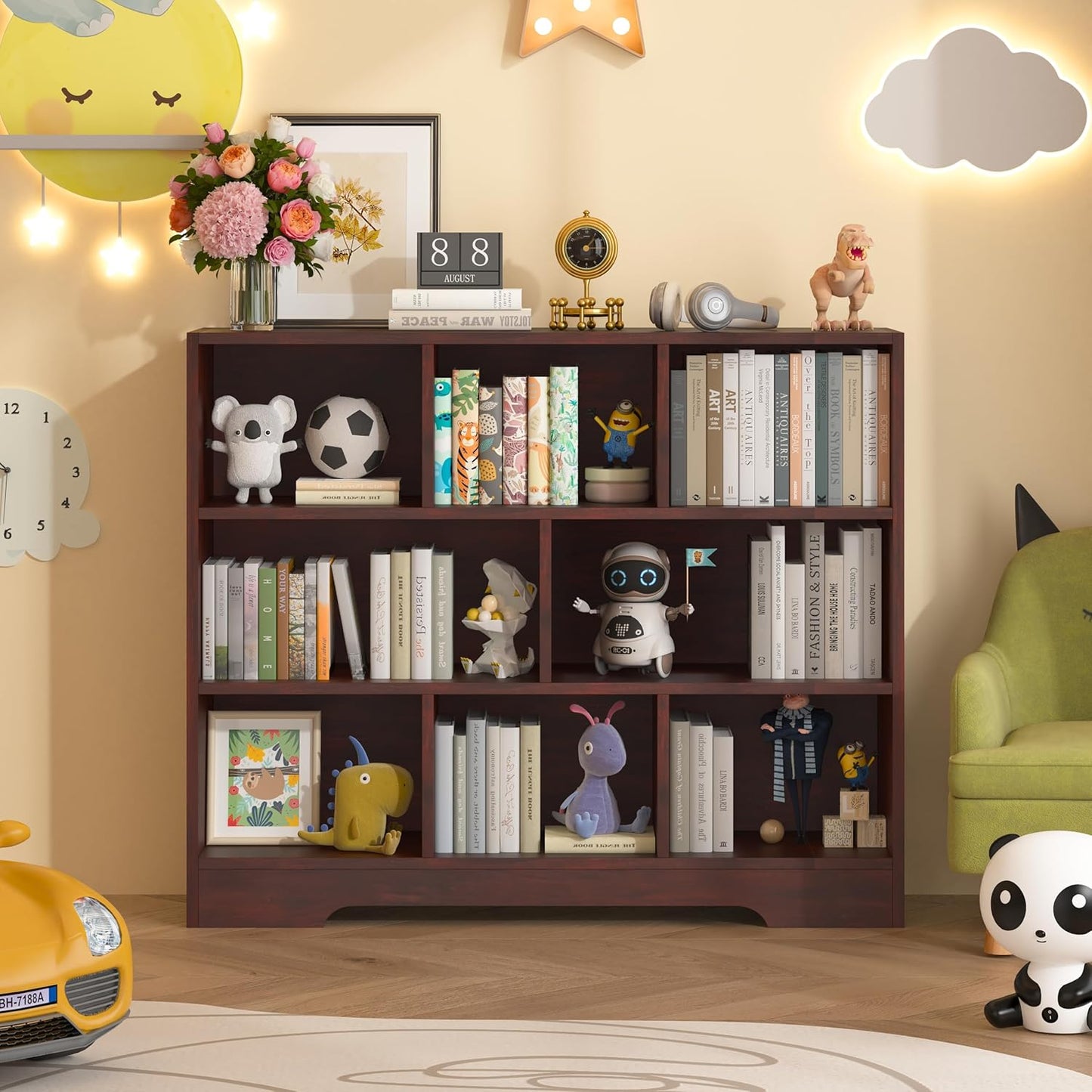 Book Shelf Set of 2, 8 Cubes Storage Organizer, 3-Tier Open Shelf Wooden Bookcase, Freestanding Cherry Bookshelf Cube Shelf for Bedroom, Living Room, Home Office