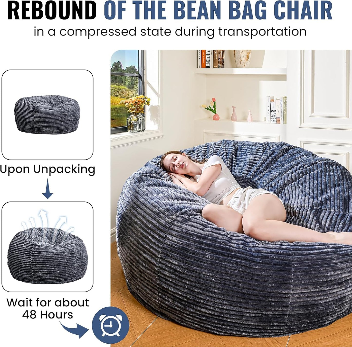 Large Bean Bag Chair, 5FT Giant Beanbag Chairs with Memory Foam Filled, Bean Bag Chairs for Adults, Ultra Soft Lazy Sofa for Living Room Bedroom (Gery)