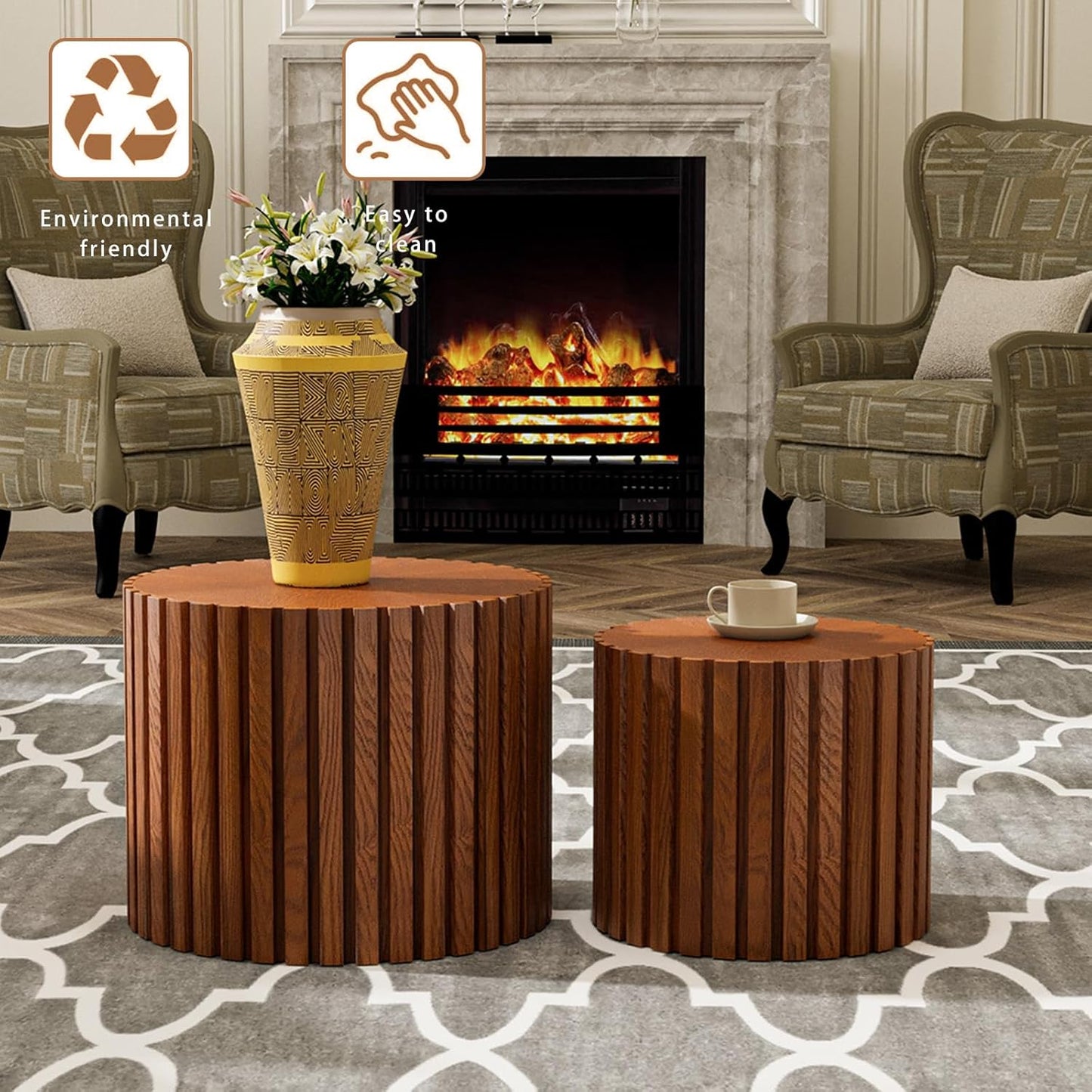 Round Coffee Table Set of 2, Nesting Coffee Table and End Table Set Small Circle Drum Side Table for Living Room Office, No Assembly (C Walnut Small)