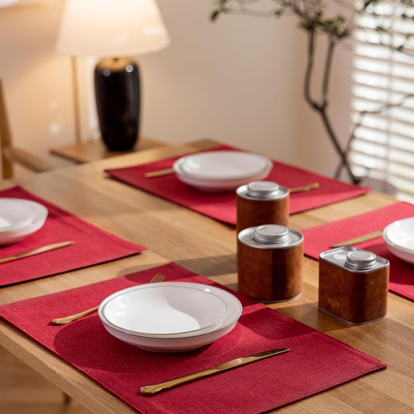 Demetex Christmas Placemats Set of 4 Heat Resistant Red Linen Place Mats Wipeable Cloth Placemats for Party Wedding Holiday Dinner, 13 x 19 inches, Wine Red