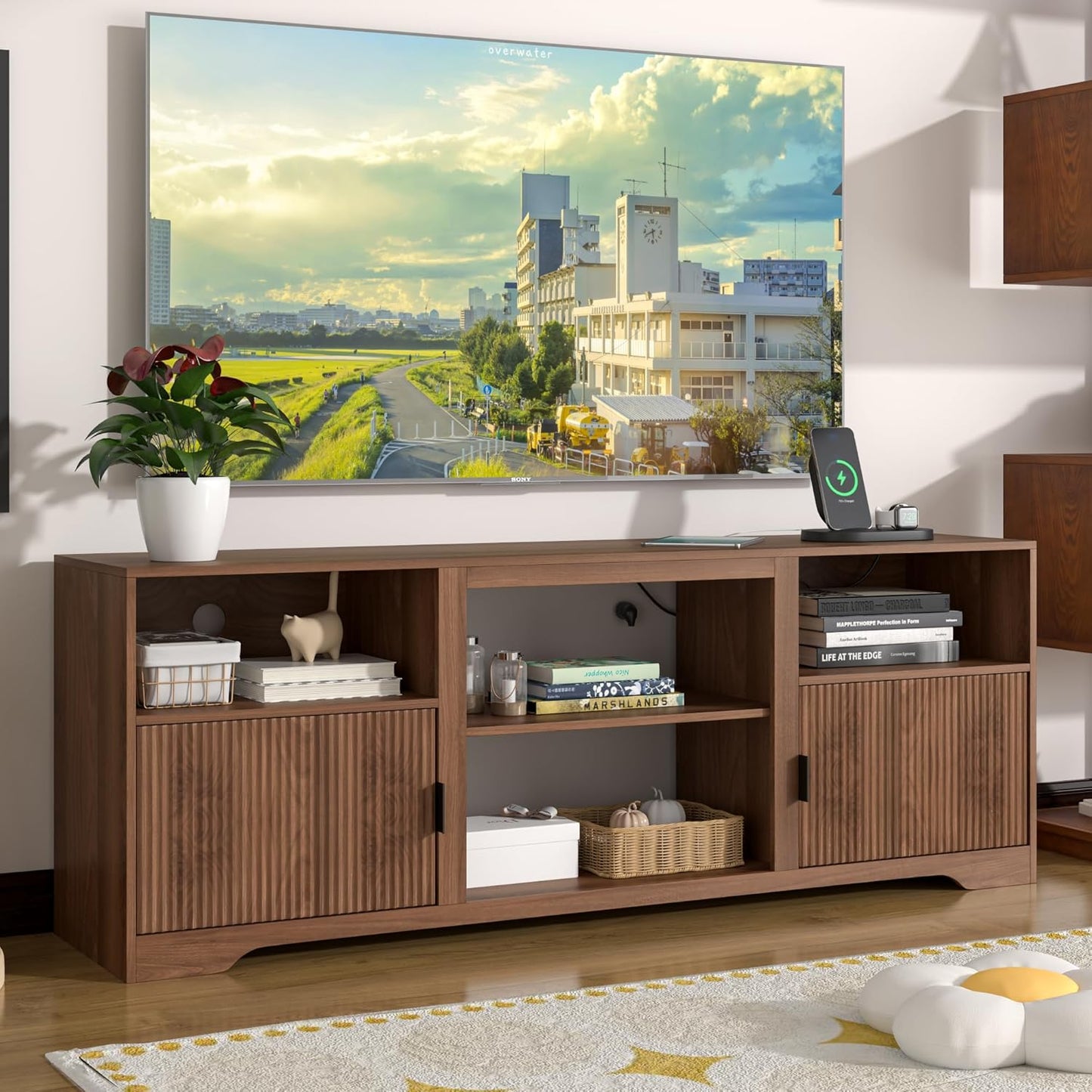 Fluted TV Stand for Tvs up to 80",Mid Century Modern TV Stand with Open Adjustable Shelf,Entertainment Center Wood TV Media Console with Cord Holes,TV Stand for Living Room Furniture Bedroom,Walnut