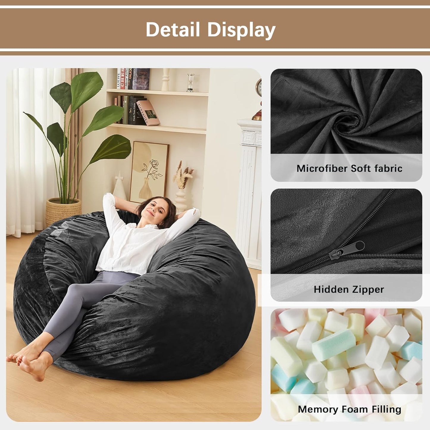 Bean Bag Chairs for Adults - Memory Foam Furniture BeanBag Chair - Kids/Teens Sofa with Soft Micro Fiber Cover - Round Fluffy Couch for Living Room Bedroom College Dorm - Carbon Black