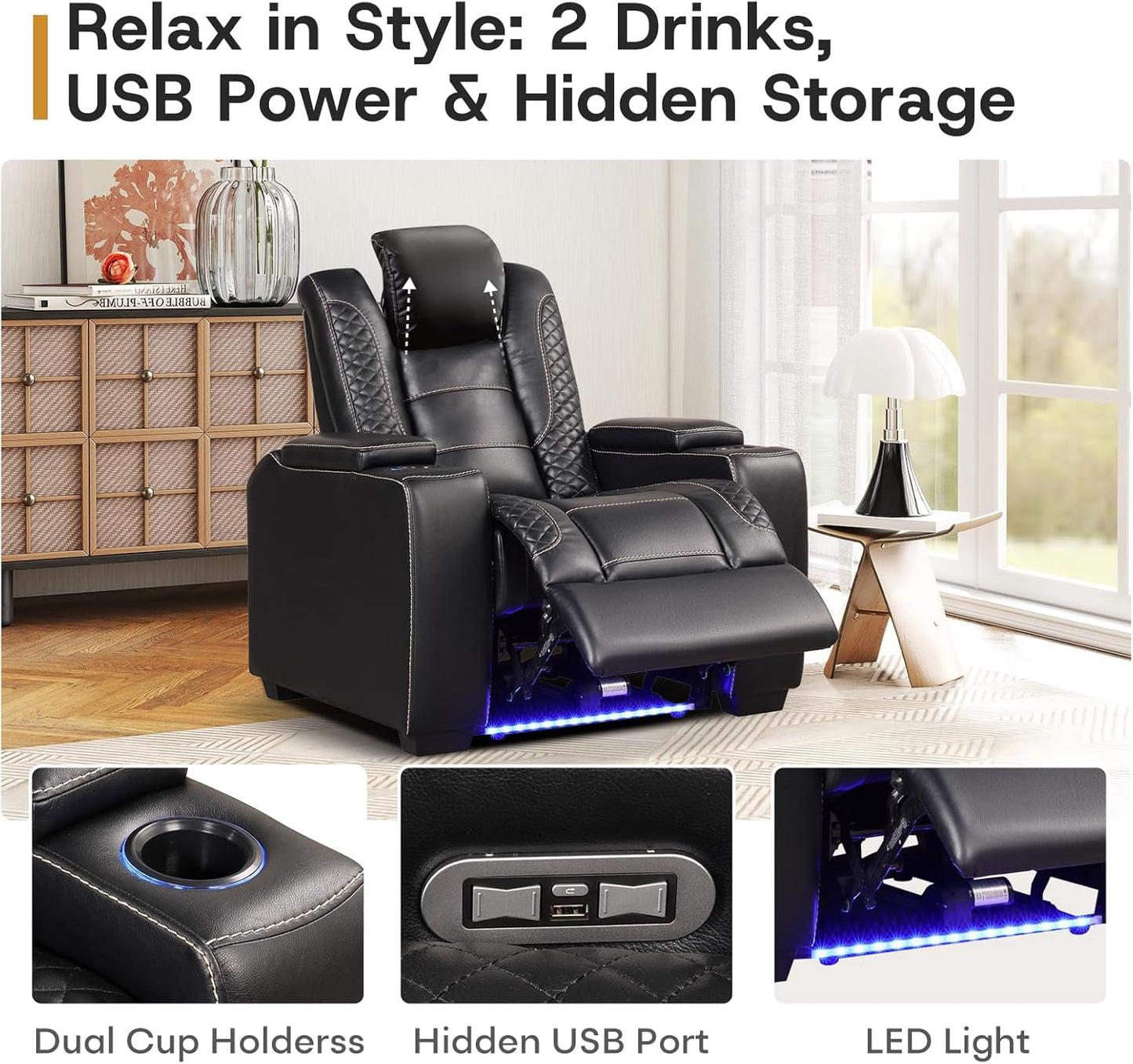 ANJ Power Recliner Home Theater Seating, Electric Recliner Chair with Adjustable Headrest,PU Leather Dual Motor Movie Reclining Chairs with Cup Holders LED Lights,USB Port,Hidden Arm Storage (Black)
