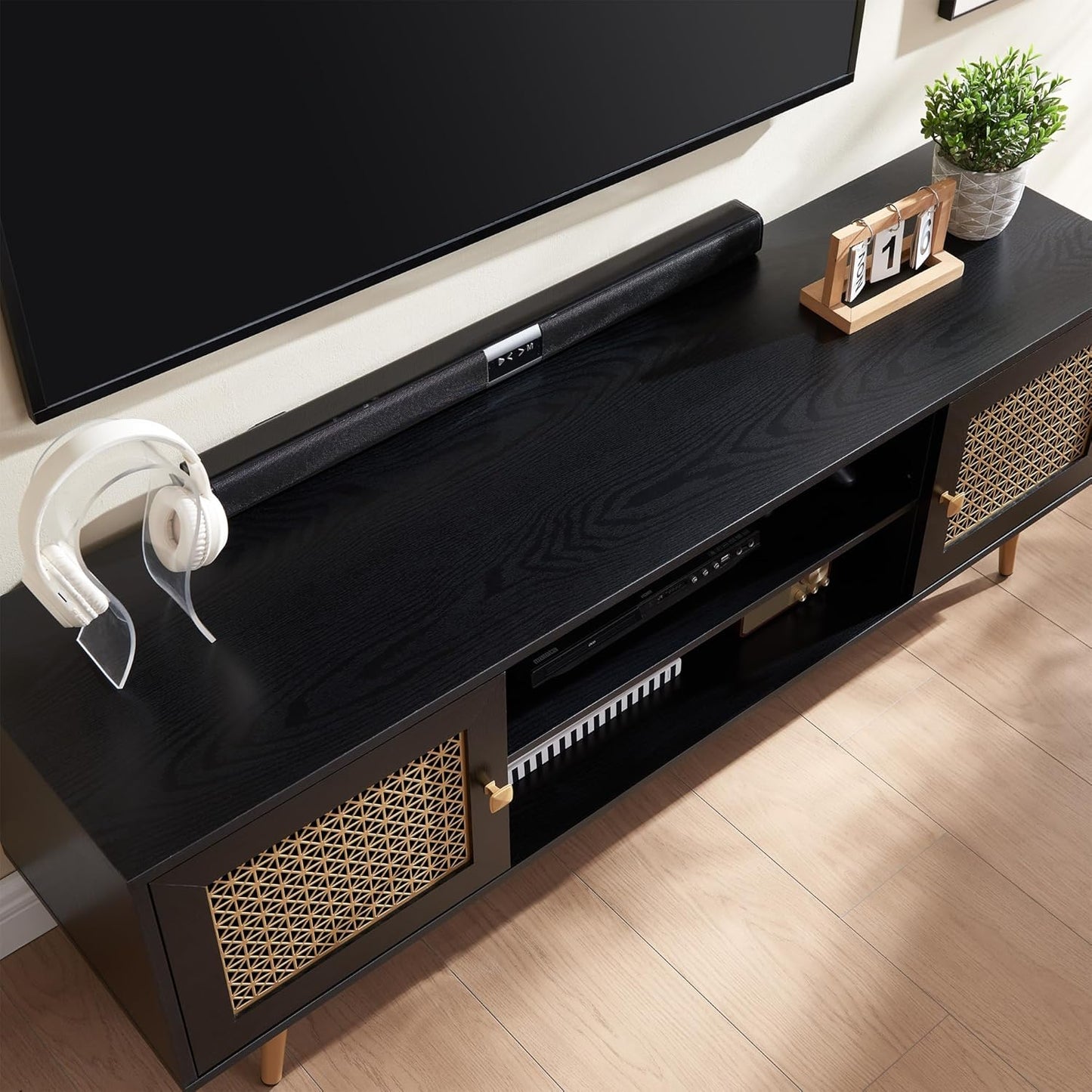 Mid Century Modern TV Stand for 65 inch TV, Entertainment Center with Storage, Metal Mesh Decorated Cabinet Doors for Living Room, Black