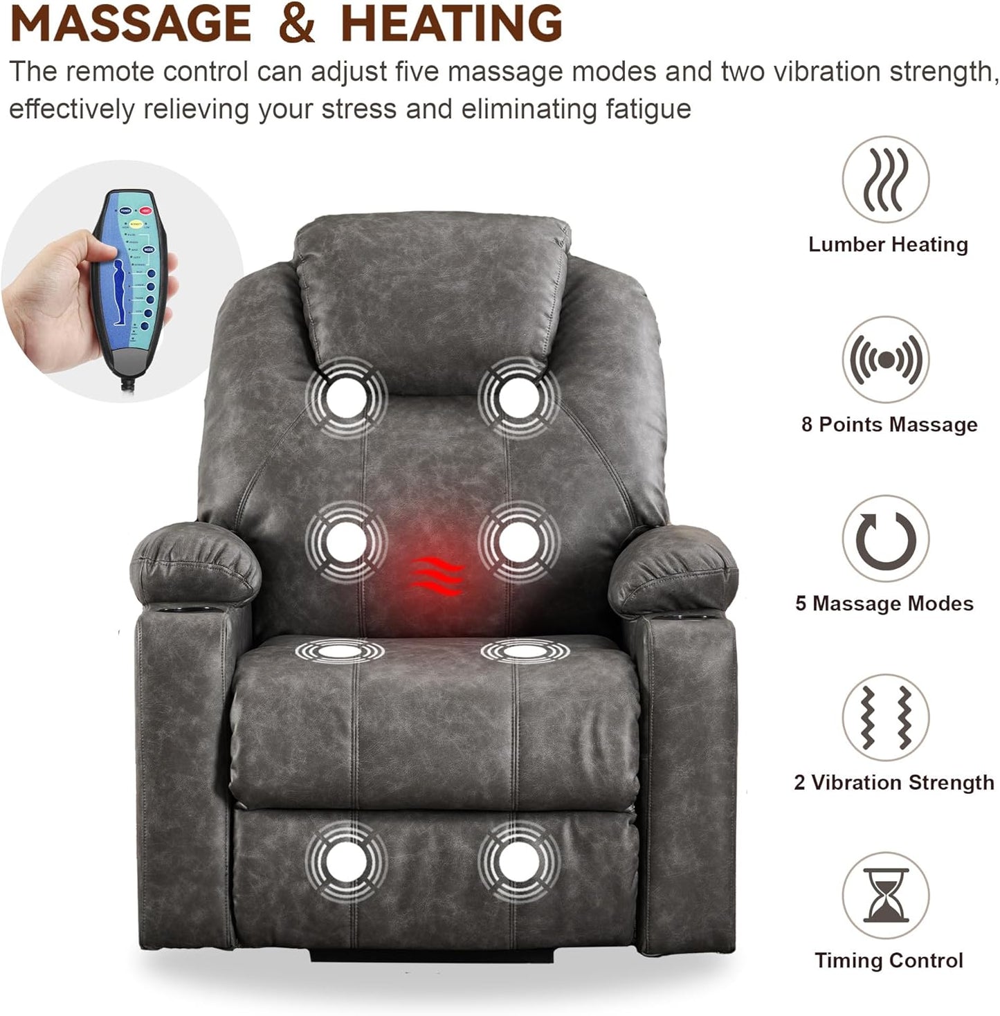 SALOHZA Power Lift Recliner Chair for Elderly with Massage and Heat for Living Room, Electric Recliner Chair for Adults with USB/Type C Port/Cup Holders, PU Faux Leather, Grey