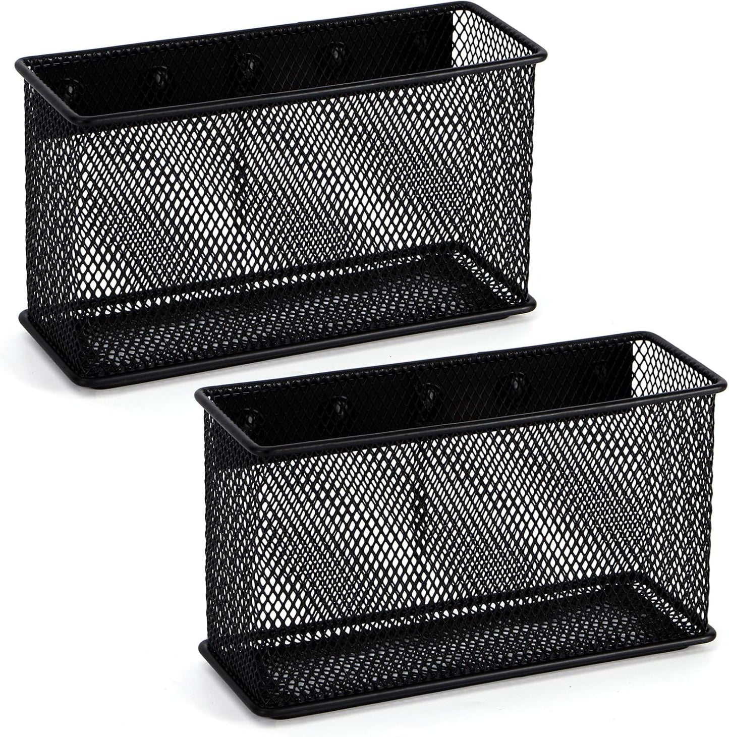 Wire Mesh Storage Baskets Organizer Set of 2 Black Magnetic Basket with 5 Strong Magnets Magnetic Organizer Holder for Refrigerator Locker Whiteboard Office, 6.29'' × 2.28'' × 3.54''
