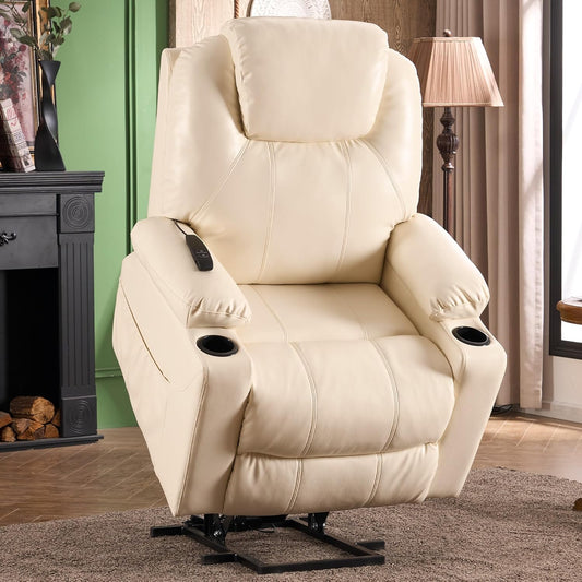 SALOHZA Power Lift Recliner Chair for Elderly with Massage and Heat for Living Room, Electric Recliner Chair for Adults with USB/Type C Port/Cup Holders, PU Faux Leather, Cream White