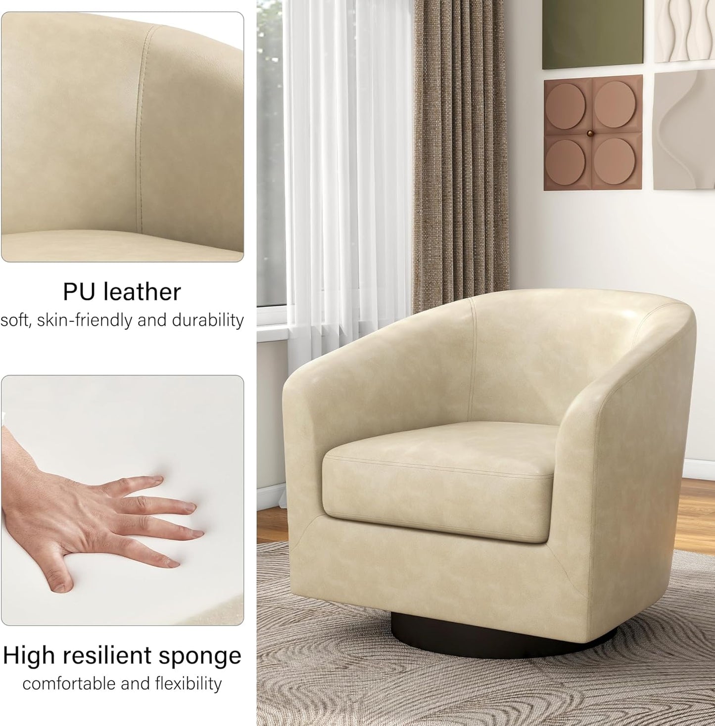 Swivel Barrel Accent Chair, Modern Round Faux Leather Arm Chair for Living Room, Bedroom, Comfy Club Reading Chairs for Adults, Faux Leather, Cream, Set of 1
