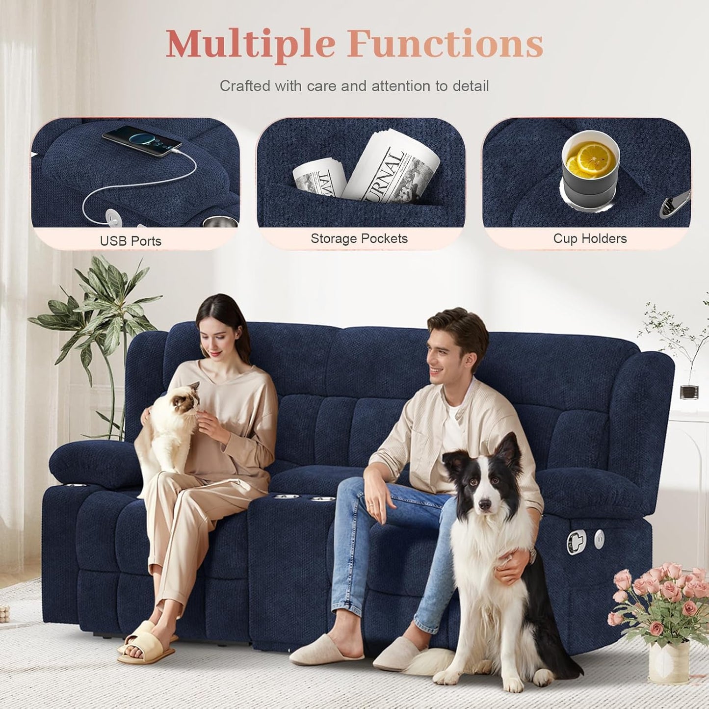 Recliner Sofa Set with 2+1+1 Pieces, Fabric Manual Pull Tab Reclining Loveseat with Storage Console, Single Recliner Chair for Living Room, RV, Blue