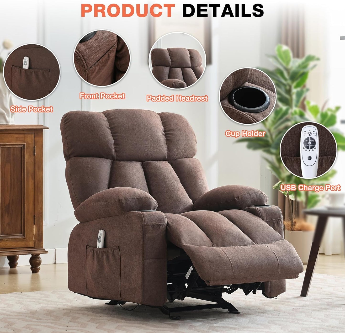 Massage Rocker Recliner Chair with Heat, Ergonomic Overstuffed Reclining Lounge Chair with Side Pockets, USB Charging Port, Sturdy Metal Frame, Comfortable Modern Design for Living Room