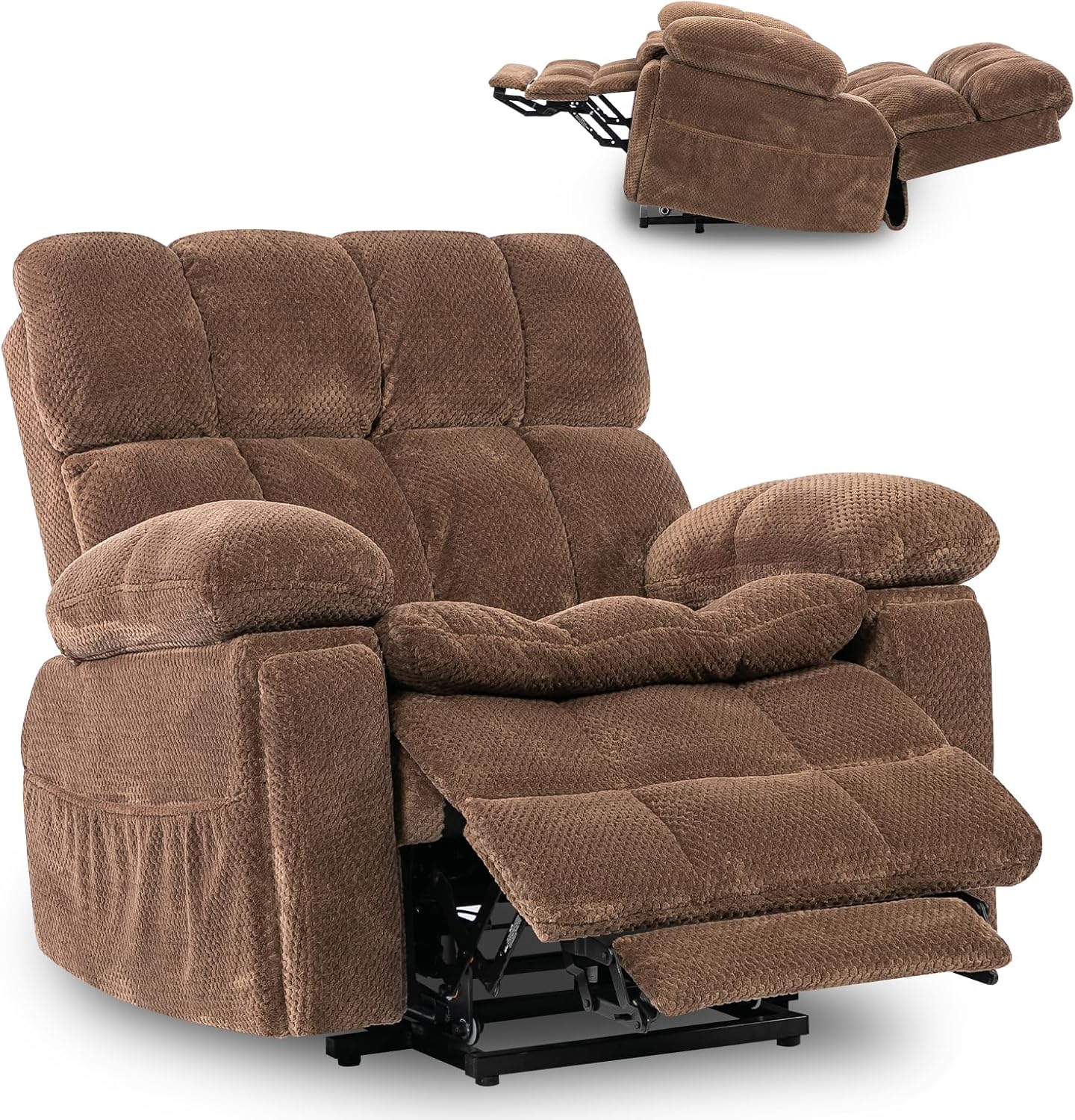 Oversized Power Lift Recliner Chair with Adjustable Headrest for Elderly,Dual Motor Lay Flat Recliner Chair with USB Port,Type C,Big and Tall Recliner with Massage and Heat,Cup Holders,Storebox,Brown