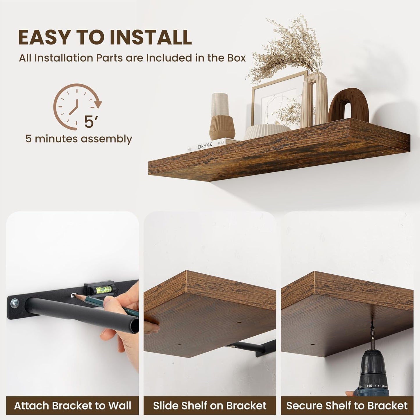 Fun Memories Floating Shelves for Wall 36 Inches, Wood Shelves with Invisible Bracket, 10" Deep Shelves Wall Mounted, Large Floating Shelves for Living Room Bathroom, Rustic Brown, Set of 2