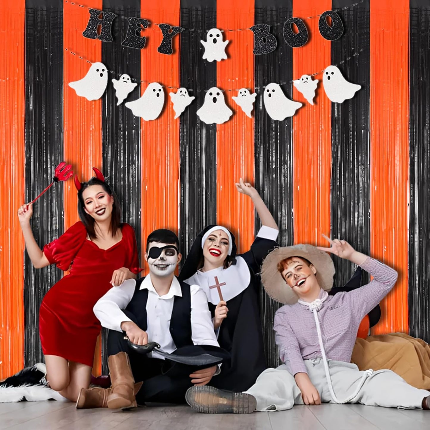 BRAVESHINE Tinsel Photo Backdrop Curtains - 2 Pack 3.2x8.2ft Black Orange Foil Fringe Streamer Curtain for Birthdays, Halloweens, Basketball, Pumpkins, Home, Indoor or Outdoor Party Decorations