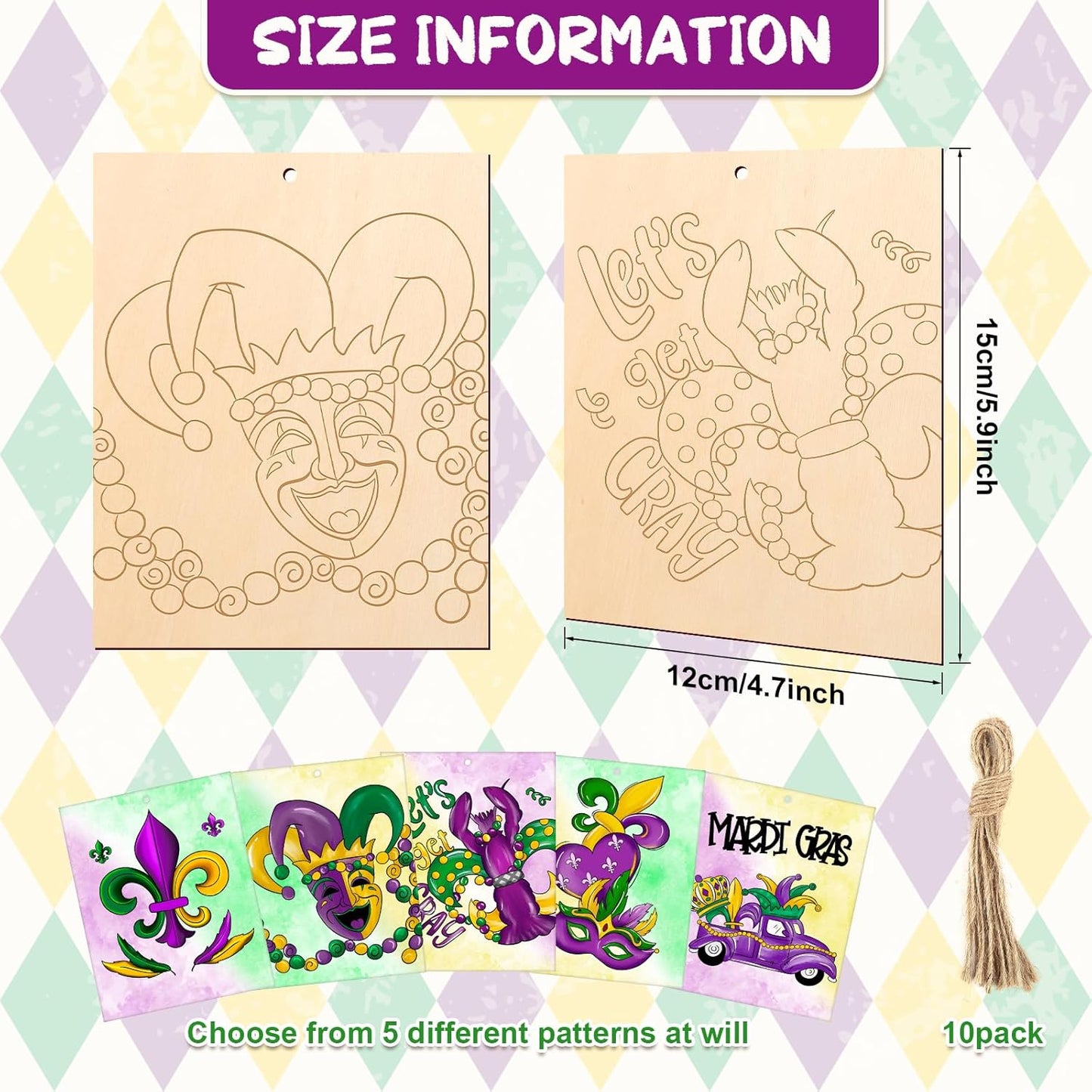 COCHIE 10 Pieces Large Mardi Gras Unfinished Wood Crafts to Paint for Adults and Kids, Bulk Predrilled Wooden Ornaments for Painting, Butterflies Paintable Wood Slices Craft Supplies with Ropes