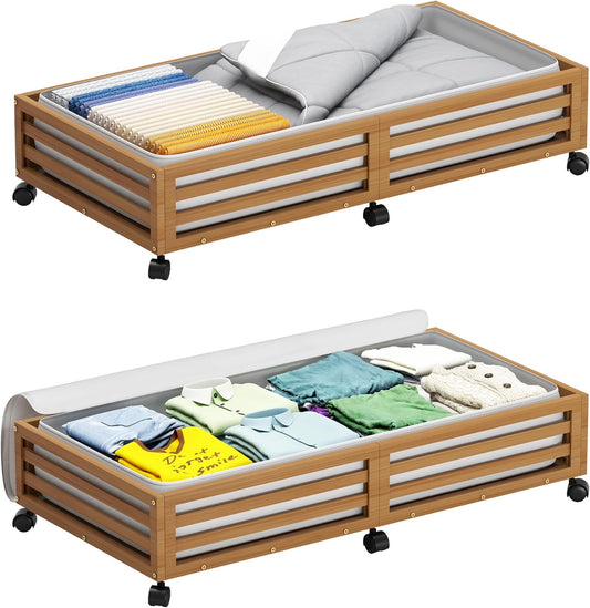 Bamboo Under Bed Storage Containers- Underbed Organizer with Wheels with Large Dust Bag,Sturdy Wood Rolling Under the Bed Shoe Storage Organizer Drawer 2 Packs (Walnut, Long)