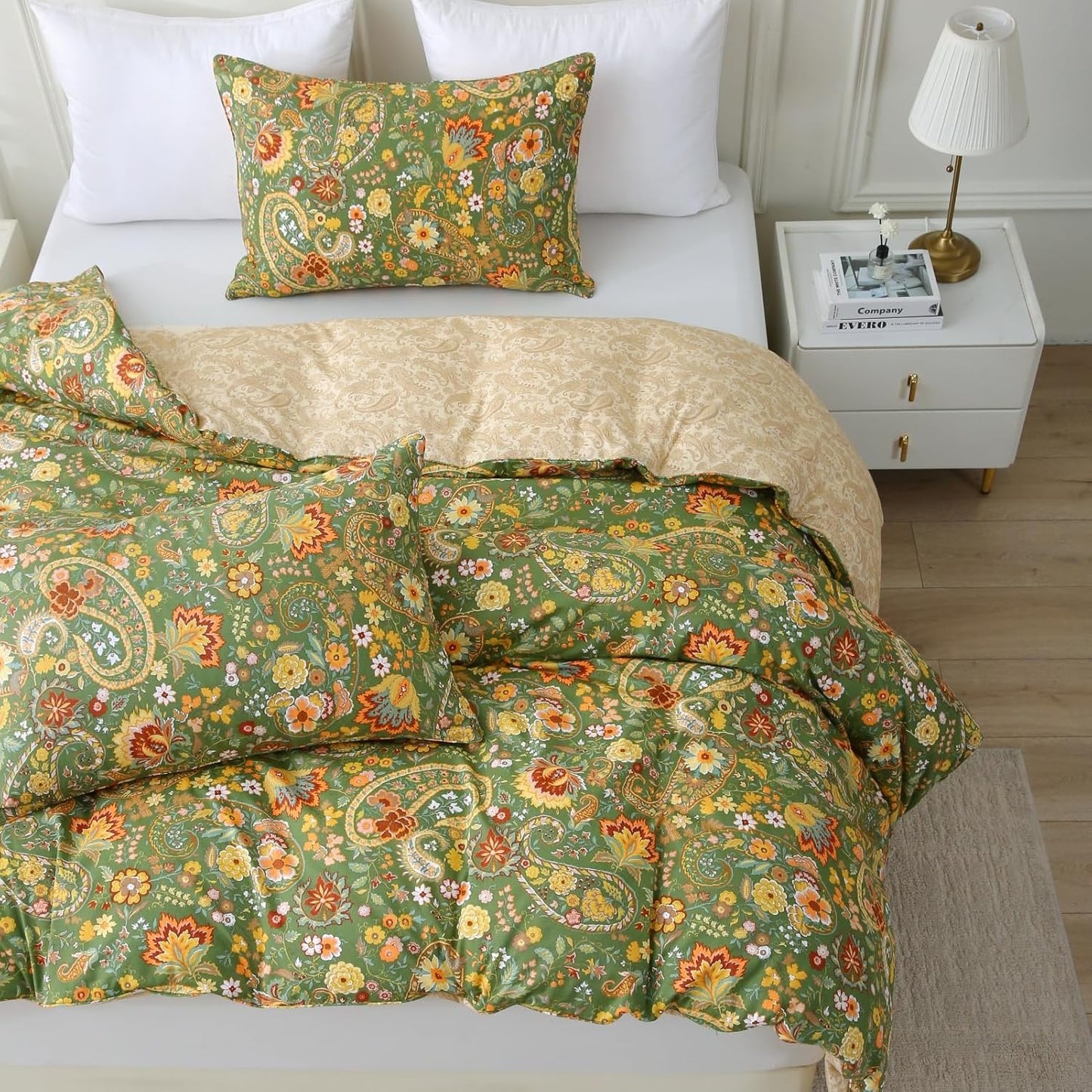 ABREEZE Paisley Bedding Sets 3Pcs Brushed Cotton Duvet Cover Set Queen Size Rustic Damask Green Floral Comforter Cover with Zipper Closure Boho Bedding Collections