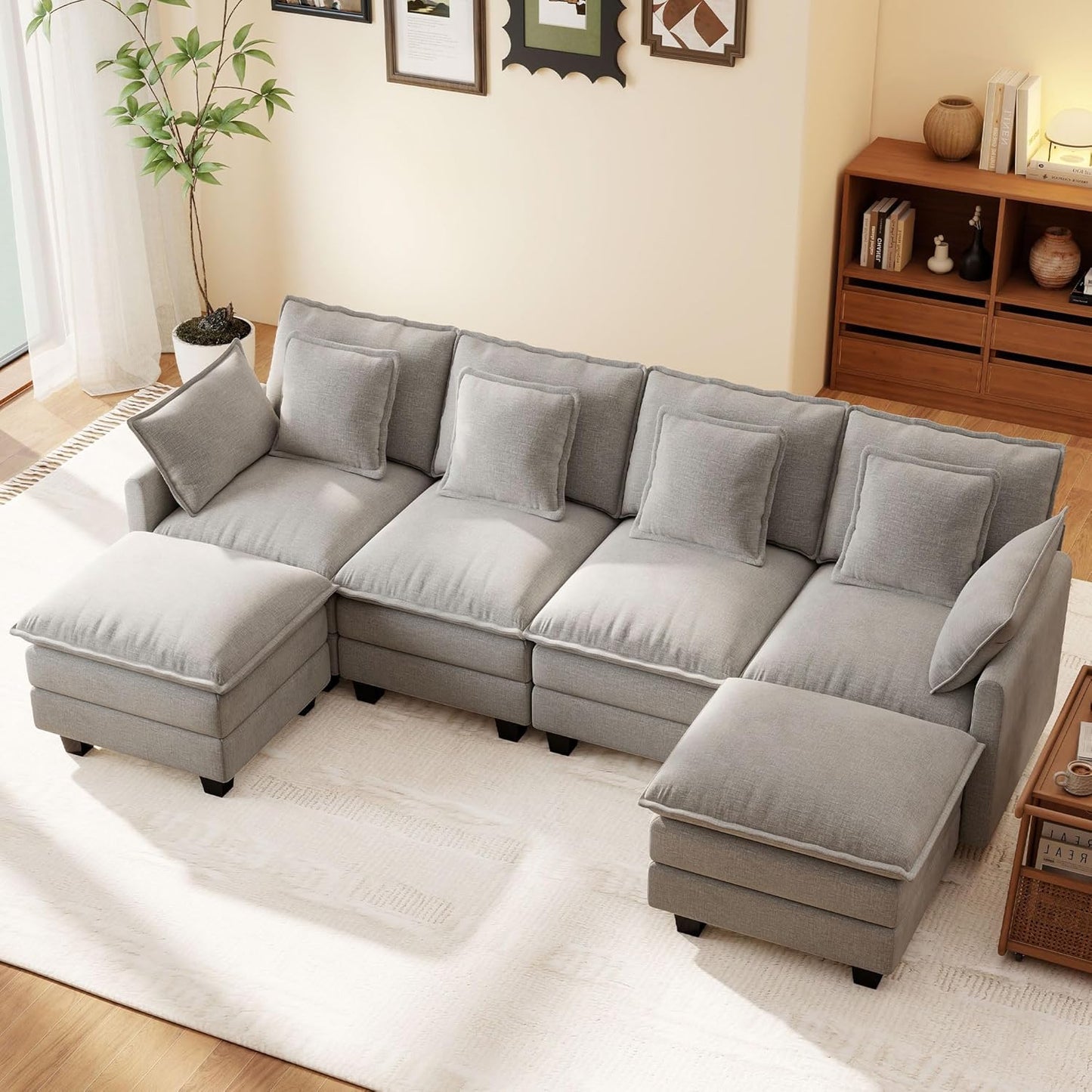 Ihanherry 106" L Shaped Modular Sectional Cloud Sofa, Modern 6 Seat Chenille Couch with Ottoman for Living Room, Bedroom and Apartment, Grey