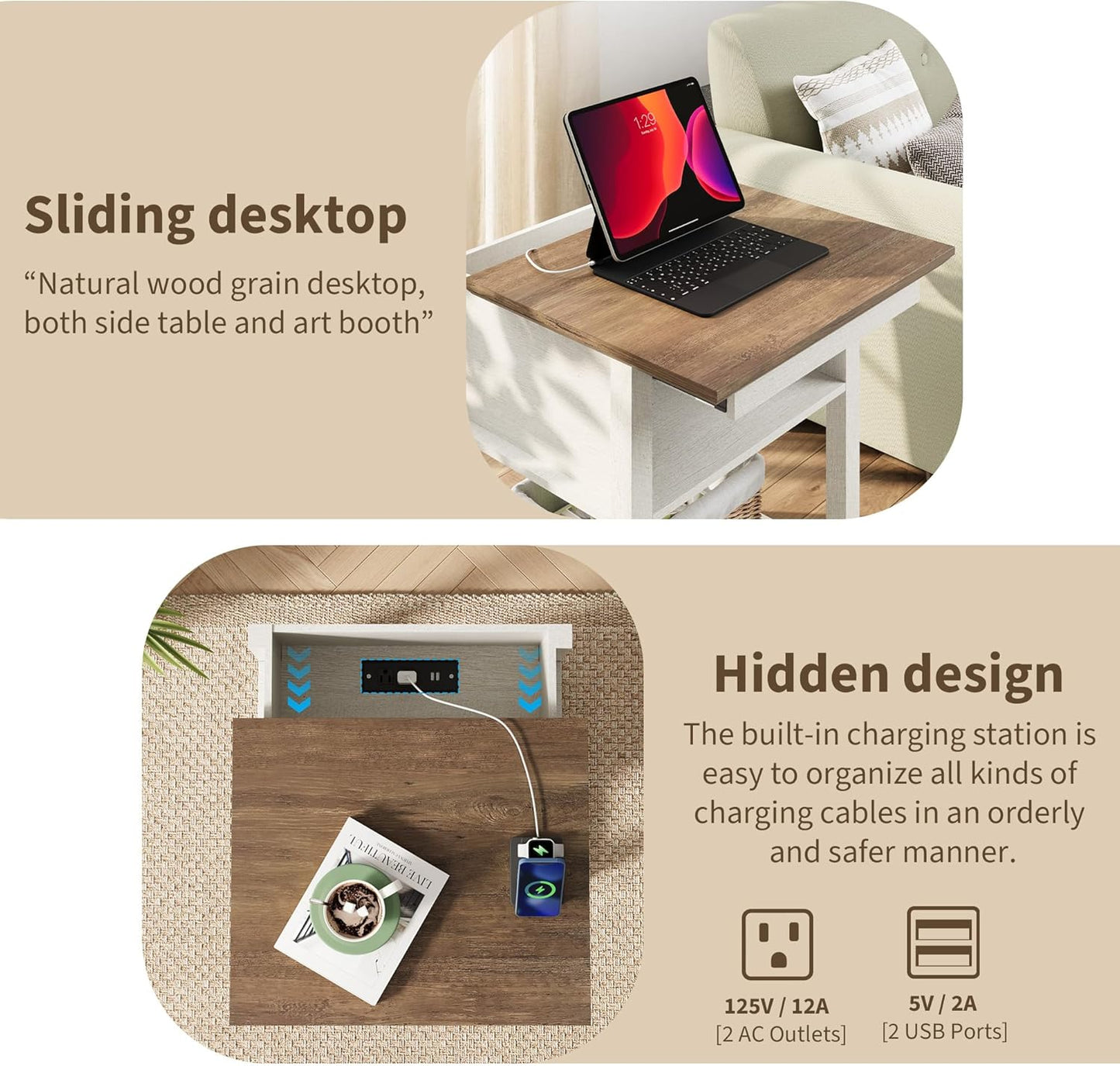 Rresyet Sliding Side Table Set of 2 with Charging Station & 2-Tier Storage,Farmhouse End Table, Wooden Nightstand for Bedroom & Living Room,White