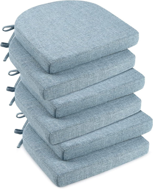 downluxe Indoor Chair Cushions for Dining Chairs, Soft and Comfortable Textured Foam Kitchen Chair Pads with Ties and Non-Slip Backing, 16" x 16" x 2", Light Blue, 6 Pack