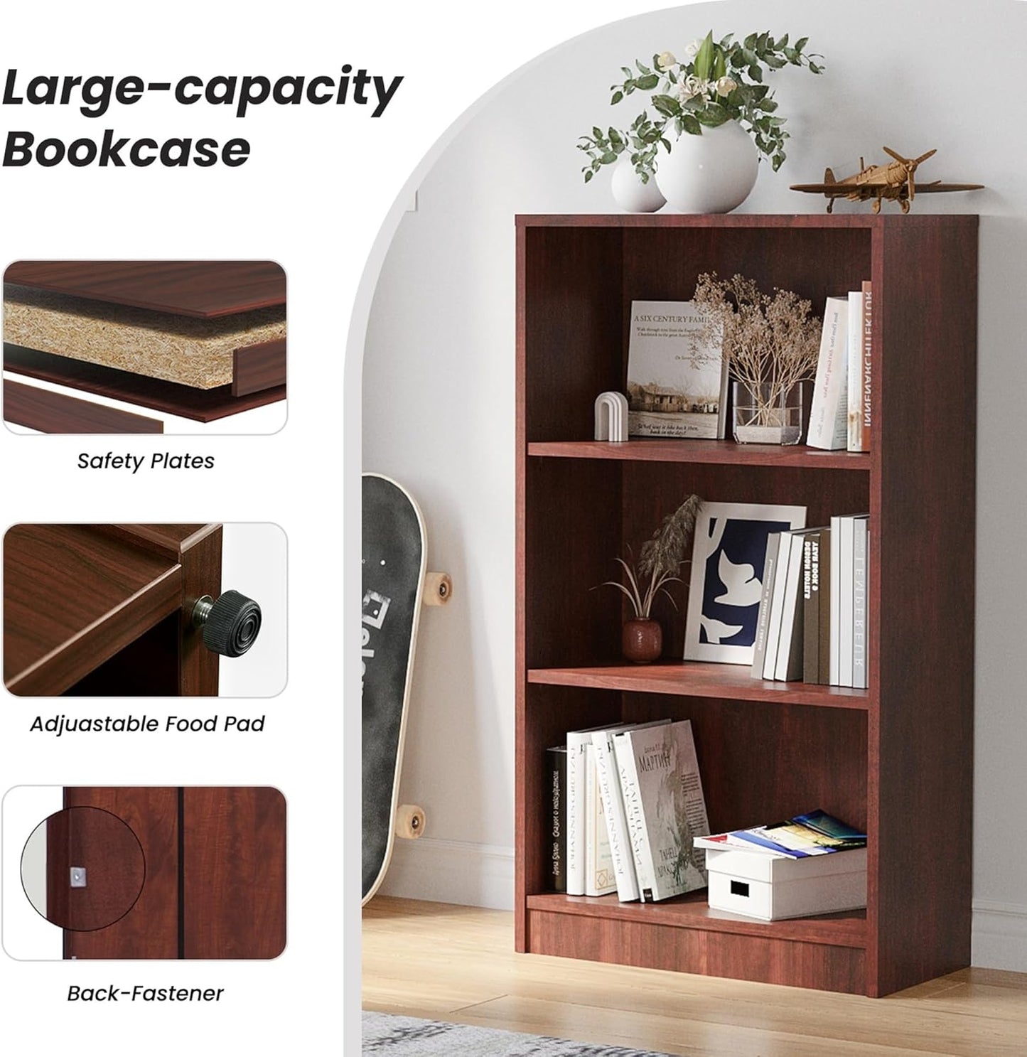 Bookshelf, Open Modern Bookshelf, 3 Shelf Bookcase with Freestanding Display Storage, Wooden Book Shelf for Bedroom, Living Room, Dinning Room, Office, Brown