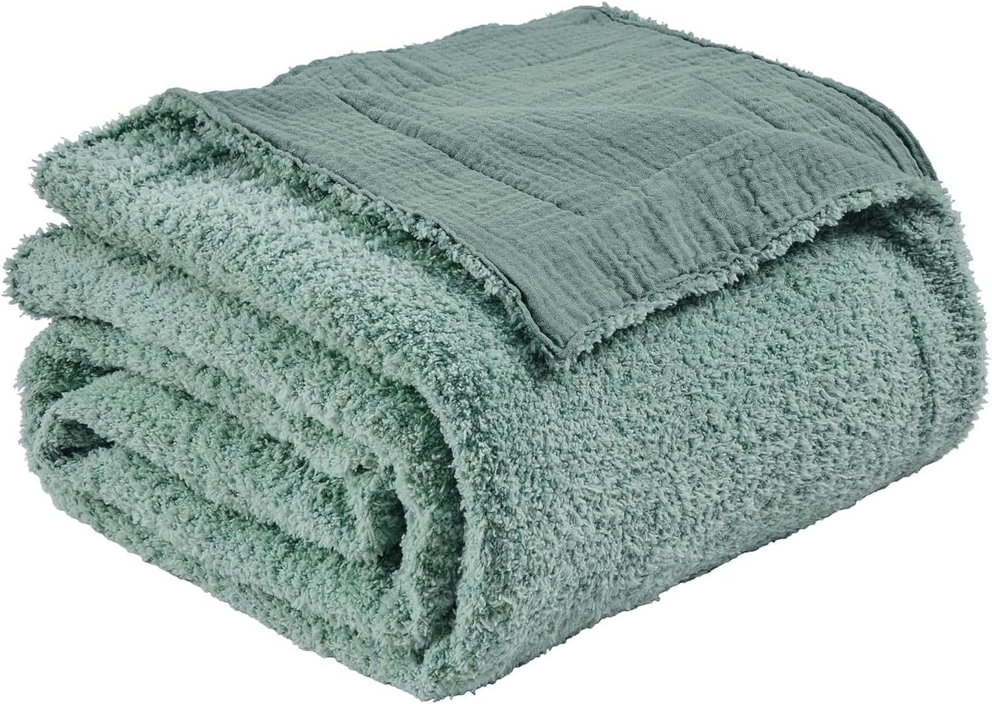 EMME Muslin and Fleece Queen Blanket Reversible - 80"*90" Teal Soft Warm Throw Blankets for Couch Bed Picnic Travel Bed