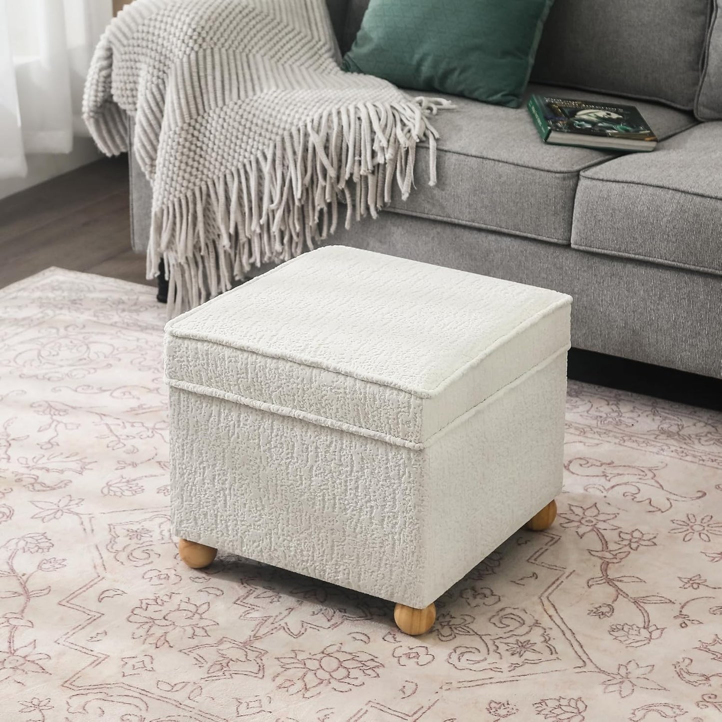 Adeco 17 Inch High Faux Fur White Cube Ottoman Storage, 3D Embossed Velvet Chair Foot Stools, Upholstered Vanity Stool with Hinged Lid, Solid Round Wood Legs
