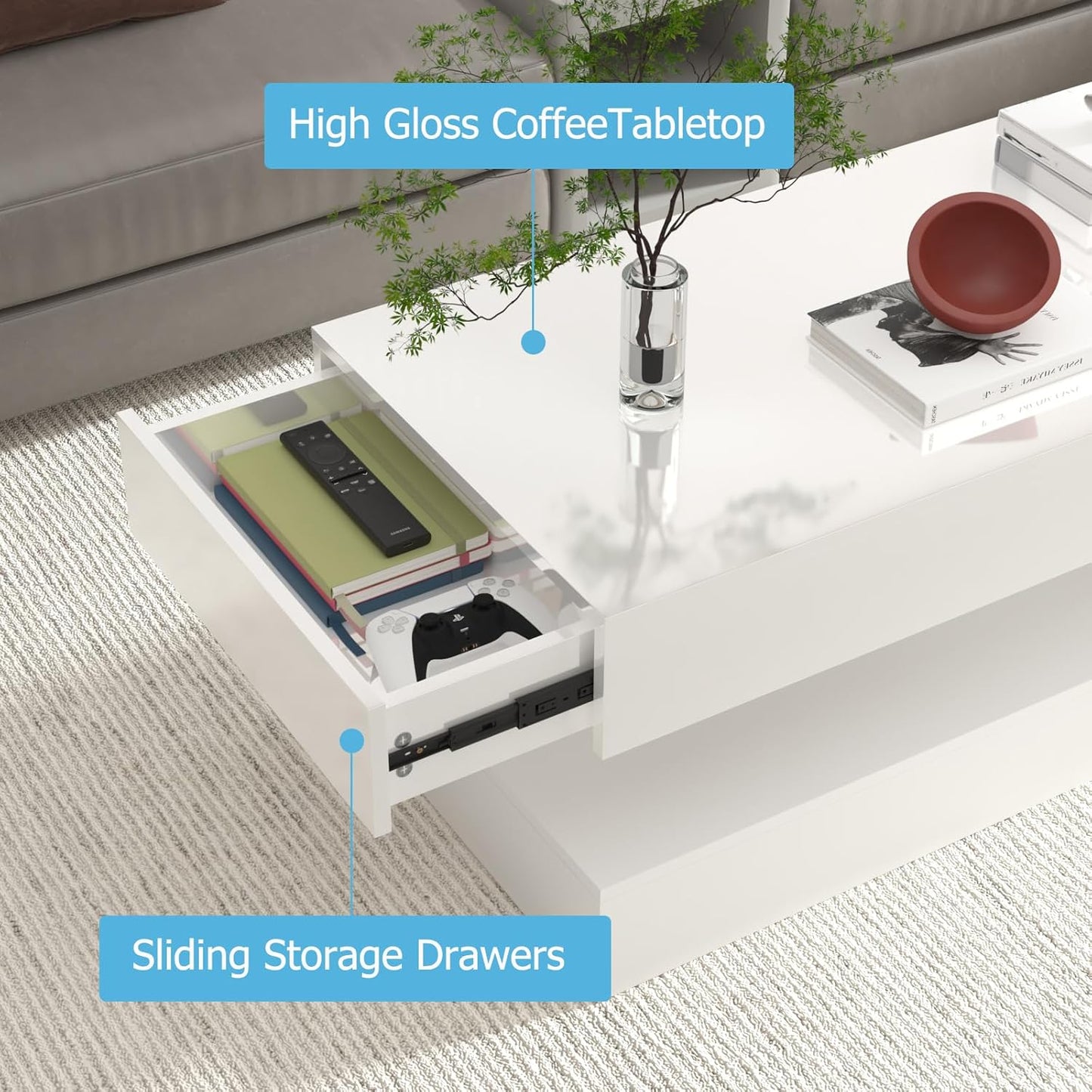 Uspeedy 47.3IN High Glossy LED Coffee Table,APP LED Lights,Black/White, Modern Furniture for Living Room (White)