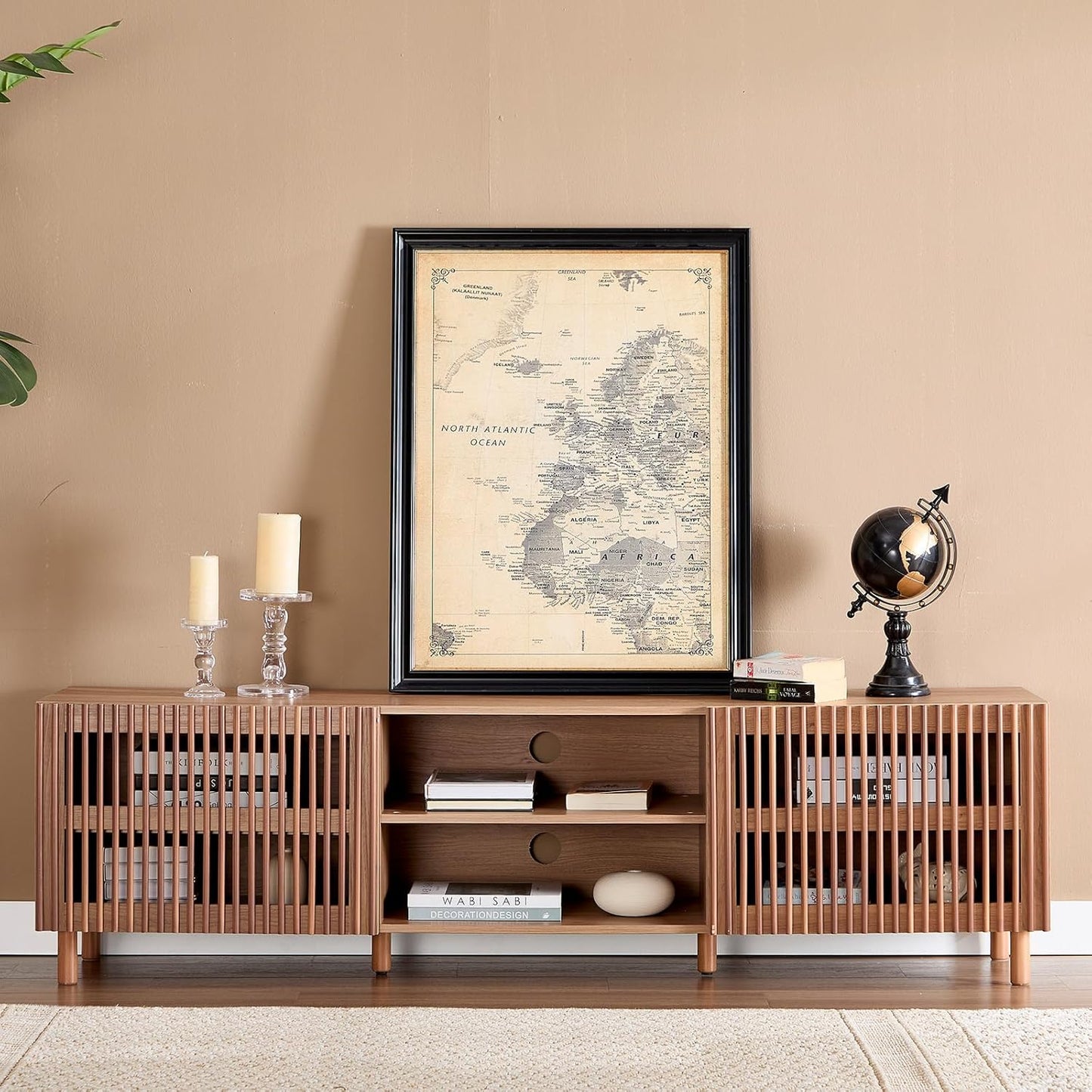 Bonzy Home 70" Mid Century Modern TV Stand, TV Console for TV up to 75", Slatted Entertainment Center with Storage and Open Shelves for Living Room, Bedroom, and Media Room